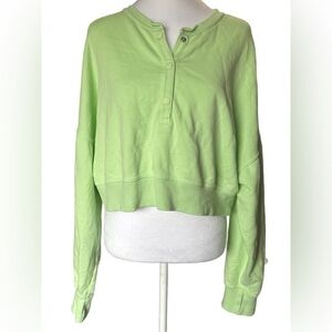 Aerie Light Green Half Button-Up Cropped Sweatshirt Large